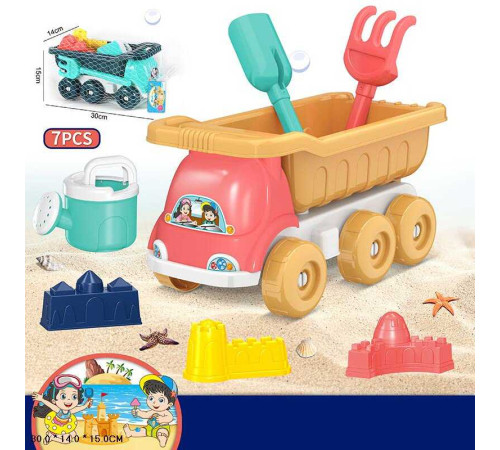 Пісочний набір 733-350 (54/2) 2 кольори, 7 елементів, розмір самоскида - 30х14х15см, лійка, лопатка, граблі, 3 формочки, у сітці, ВИДАЄТЬСЯ МІКС