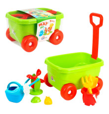 гр Набір для гри з піском 1409 (2) "Technok Toys", візочок, граблі, лопатка, млин, лійка, 2 форми, в сітці