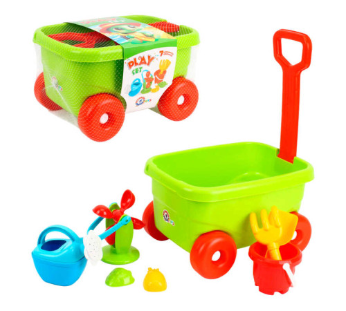 гр Набір для гри з піском 1409 (2) "Technok Toys", візочок, граблі, лопатка, млин, лійка, 2 форми, в сітці