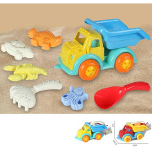 Пісочний набір KZ 6436 (24/2) 2 кольори, розмір самоскида - 35х18.5х9 см, лопатка, граблі, 4 формочки, в сітці