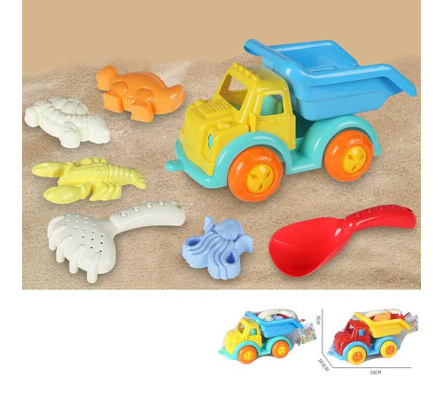 Пісочний набір KZ 6436 (24/2) 2 кольори, розмір самоскида - 35х18.5х9 см, лопатка, граблі, 4 формочки, в сітці