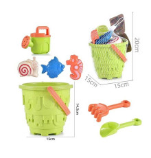 Пісочний набір C 479 (72/2) відерце висотою 14.5 см, 3 формочки-тваринки, лійка, граблі, лопата, в сітці