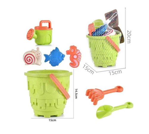 Пісочний набір C 479 (72/2) відерце висотою 14.5 см, 3 формочки-тваринки, лійка, граблі, лопата, в сітці