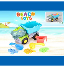 Пісочний набір JX 6860 (36/2) розмір самоскида -36х16х17.5 см, лопатка, граблі, лійка, 3 формочки, у сітці