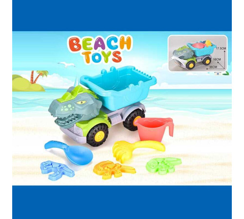 Пісочний набір JX 6860 (36/2) розмір самоскида -36х16х17.5 см, лопатка, граблі, лійка, 3 формочки, у сітці