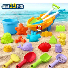 Пісочний набір W 218-45 (30/2) розмір тачки - 27х13х11 см, висота відра - 9 см, граблі, сито, 4 лопатки, 11 формочок, в сітці