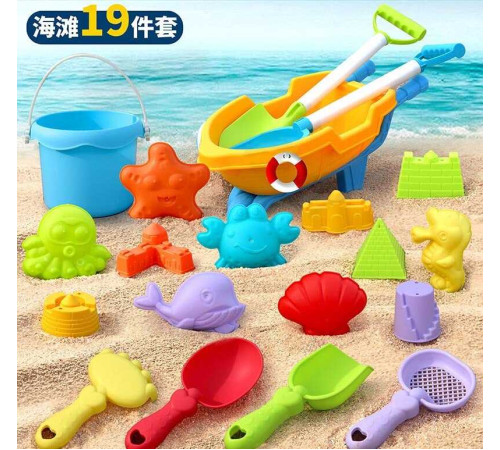 Пісочний набір W 218-45 (30/2) розмір тачки - 27х13х11 см, висота відра - 9 см, граблі, сито, 4 лопатки, 11 формочок, в сітці