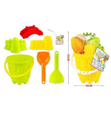 Пісочний набір 295-17 (72/2) відерце висотою 13 см, 2 формочки, мостик, граблі, лопата, в сітці