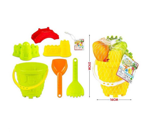 Пісочний набір 295-17 (72/2) відерце висотою 13 см, 2 формочки, мостик, граблі, лопата, в сітці