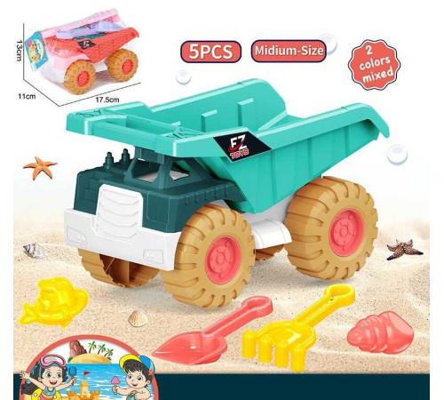 Пісочний набір 733-390 (160/2) 2 кольори, розмір самоскида: 11х17.5х12, лопатка, граблі, формочки для піску, в сітці