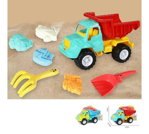 Пісочний набір KZ 6438 (36/2) 2 кольори, розмір самоскида - 27х14.5х18 см, лопатка, граблі, 4 формочки, в сітці