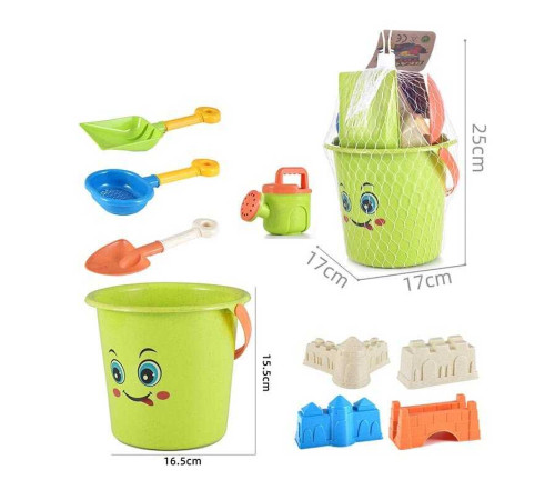 Пісочний набір C 481 (72/2) відерце висотою 15.5 см, 4 формочки, лійка, граблі, лопата, ситечко, в сітці