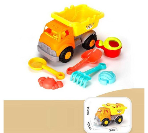 Пісочний набір YF 3637 (45) машина - самоскид, лопатка, граблі, лійка, сито, 2 формочки, в сітці