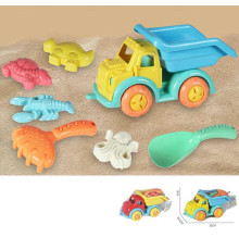 Пісочний набір KZ 6436 A (24/2) 2 кольори, розмір самоскида - 35х18.5х9 см, лопатка, граблі-сито, 4 формочки, в сітці