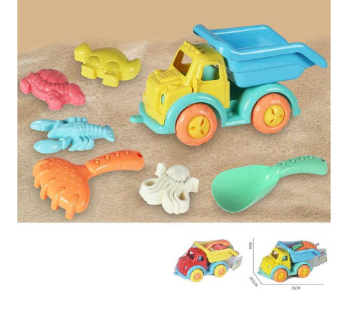 Пісочний набір KZ 6436 A (24/2) 2 кольори, розмір самоскида - 35х18.5х9 см, лопатка, граблі-сито, 4 формочки, в сітці