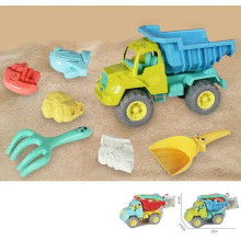 Пісочний набір KZ 6438 A (36/2) 2 кольори, розмір самоскида - 27х14.5х18 см, лопатка, граблі, 4 формочки, в сітці