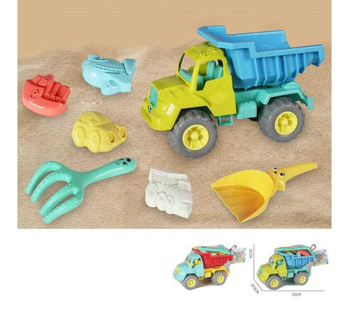 Пісочний набір KZ 6438 A (36/2) 2 кольори, розмір самоскида - 27х14.5х18 см, лопатка, граблі, 4 формочки, в сітці