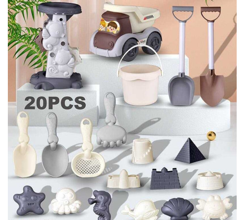 Пісочний набір W 218-46 M (48/2) розмір тачки - 27х13х11 см, граблі, лопатки, сито, лійка, 10 формочок, в сітці