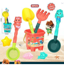 Пісочний набір 733-372 (72/2) 2 кольори, відро, 2 лопатки, сито, граблі, 3 формочки, в сітці
