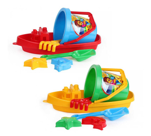 гр Пісочка "Кораблик" (12) З 2889 "Technok Toys" відерце, граблі, лопатка, 2 пасочки, фігурка, 40см, в сітці