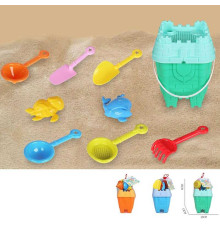 Пісочний набір KZ 6445 (72/2) 3 кольори, відро, воронка, 2 лопатки, граблі, сито, шпатель, 2 формочки, в сітці, ВИДАЄТЬСЯ ТІЛЬКИ МІКС ВИДІВ