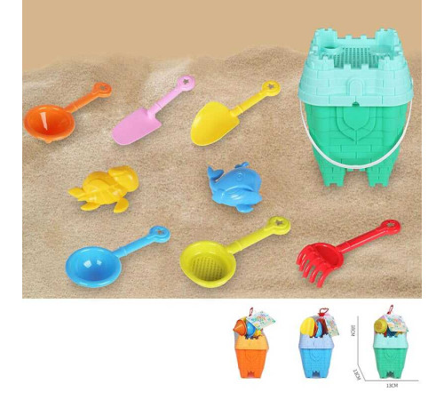 Пісочний набір KZ 6445 (72/2) 3 кольори, відро, воронка, 2 лопатки, граблі, сито, шпатель, 2 формочки, в сітці, ВИДАЄТЬСЯ ТІЛЬКИ МІКС ВИДІВ