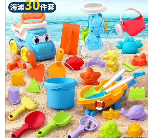 Пісочний набір W 218-47 (36/2) розмір тачки - 27х13х11 см, розмір самоскида - 16.5х11х13 см, висота відра - 9 см, граблі, лопатки, сито, лійка, млин, валик, шпателі, 15 формочок, в сітці