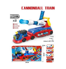 Потяг JP 588-34 A (12) звуки, підсвічування, 2 металопластикові машинки, механічна ракетниця з м’якими кульками, м’які кульки, на батарейках, в коробці