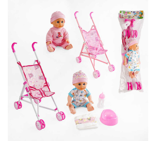 Пупс із візком LZX 17 T-11 (36/2) 2 види, музичний чіп, закриває очі, п’є з пляшечки, ходить на горщик, аксесуари, у пакеті