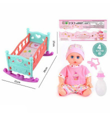Пупс JK 624-15 (36/2) висота пупсика - 30 см, музичний чіп, пустушка, пляшечка, тіло — пластик, голова — гума, знімний одяг, ліжечко - 392127 см, ефект колисання, в пакеті