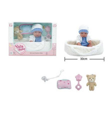 Пупс YL 2512 D-A (24) гумовий, висота 30 см, кокон з ручками, подушечка, брязкальце, пустушка, ведмедик, в коробці