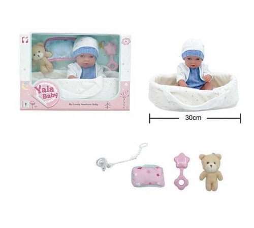 Пупс YL 2512 D-A (24) гумовий, висота 30 см, кокон з ручками, подушечка, брязкальце, пустушка, ведмедик, в коробці