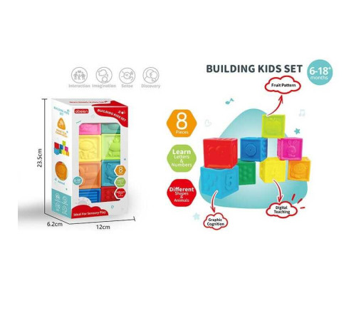Сенсорні кубики 52077 (36) 8 штук, тварини, цифри, фрукти, в коробці