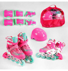 Ролики с захистом 8754-S розмір 31-34 (6) колір РОЖЕВИЙ, колеса PU, ПЕРЕДНЄ КОЛЕСО СВІТЛО, устілка 17-19 см, d колес – 6 см, в сумці