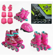 Ролики P 58810 розмір 28-31 (6) РОЖЕВІ, колеса PVC, устілка 17 - 19 см, ПЕРЕДНЄ КОЛЕСО СВІТЛО, d – 6.5 см, шолом - 21х17 см, захист, в коробці