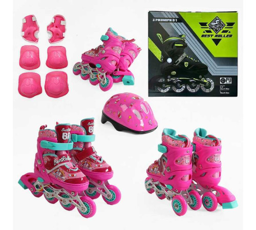 Ролики P 58810 розмір 28-31 (6) РОЖЕВІ, колеса PVC, устілка 17 - 19 см, ПЕРЕДНЄ КОЛЕСО СВІТЛО, d – 6.5 см, шолом - 21х17 см, захист, в коробці – в наличии! Купите сейчас у KAZKOVA