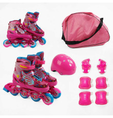 Ролики с захистом SC-45800 S розмір 31-34 (6) колір РОЖЕВИЙ, колеса PU, ПЕРЕДНЄ КОЛЕСО СВІТЛО, устілка 17-20 см, d коліс – 6 см, в сумці