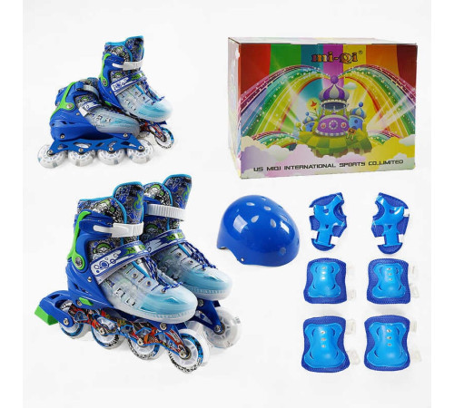 Ролики 9620-11 М розмір 34-38 (6) колір СИНІЙ, колеса PU, d коліс – 6 см, устілка 19 см, підсвічування коліс, шолом, захист, в коробці – в наличии! Купите сейчас у KAZKOVA
