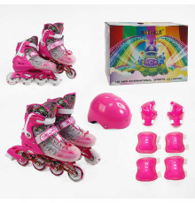 Ролики 9637-76 L розмір 39-43 (6) колір РОЖЕВИЙ, колеса PU, d колес – 6 см, устілка 24 см, підсвічування коліс, шолом, захист, в коробці