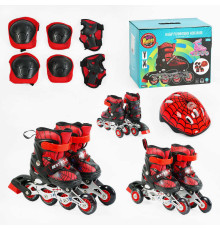 Ролики 11577-XS розмір 26-28 (6) колір ЧЕРВОНИЙ, колеса PVC, d коліс – 6 см, устілка 15-17 см, переднє зі світлом, переставні колеса, шолом, захист, в коробці