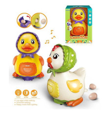 Музична пташка M 06 A (48) 2 кольори, підсвічування, пісні англійською, несе яйця, колесо вільного руху, від батарейок, в коробці