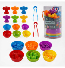 Логічна гра 2188-27 (60/2) “Ведмедики”, 48 елементів, кольорові ведмедики, 6 мисочок, 2 пари щипців, у тубі