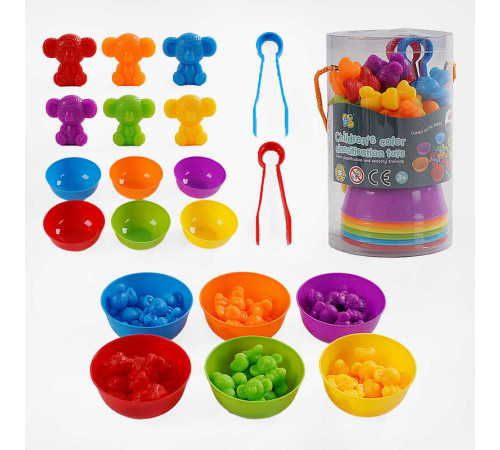 Логічна гра 2188-27 (60/2) “Ведмедики”, 48 елементів, кольорові ведмедики, 6 мисочок, 2 пари щипців, у тубі