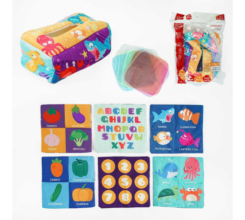 Розвивальна гра 368-2 (168) “Серветниця”, текстиль, 6 серветок, риби, овочі, цифри, англійська абетка, шелестючі елементи, англійські назви, в пакеті