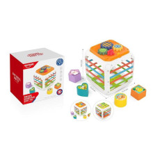 Куб логічний HE 0555 (48) рахівниця, геометричний сортер, пискавка, рухливі шестерні, еластичні шнурочки, в коробці