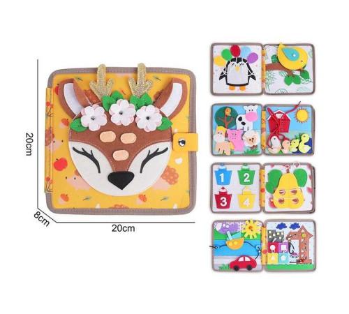 М'яка книжка-бізіборд 25007 (50) кульки, свійські тварини на липучках, шнурівки, пискавка, кольорові олівці, кран з гаком, сонечко обертається, в пакеті