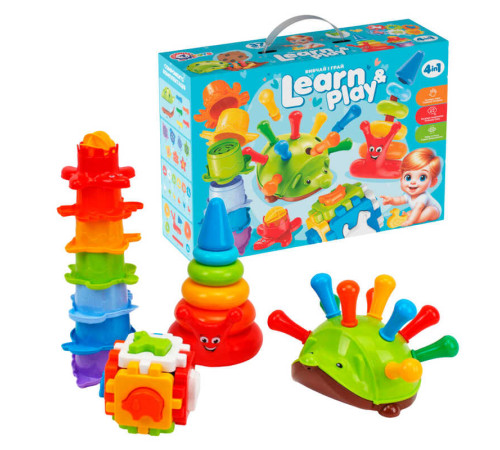 гр Подарунковий набір 2376 (1) "Technok Toys", жачок з "голками", кубик з фігурками тваринок, пірамідка-млинок, пірамідка «Веселий равлик-павлик», в коробці