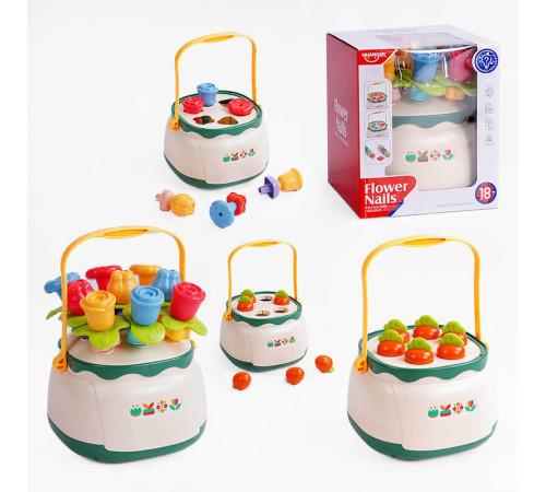 Логічна гра HE 8033 (12) 3в1, тематичний сортер, квітуча пірамідка, гра-шнурівка, гумові елементи, в коробці