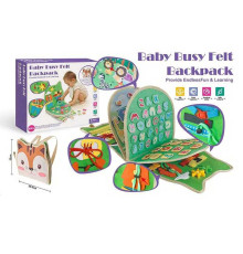 Логічна папка-рюкзак 1368 (16) фетрова, гра з липучками, англійська абетка, цифри, геометричні фігури, тварини, годинник, застібки, в коробці