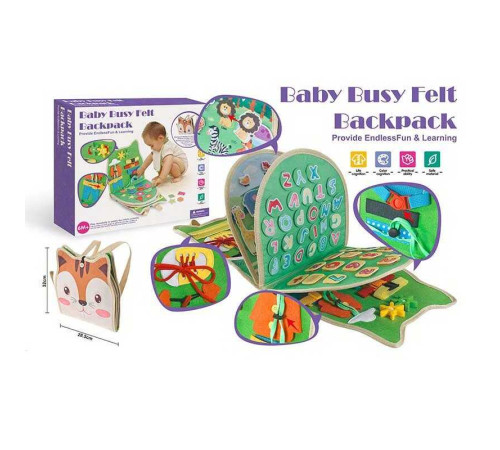 Логічна папка-рюкзак 1368 (16) фетрова, гра з липучками, англійська абетка, цифри, геометричні фігури, тварини, годинник, застібки, в коробці